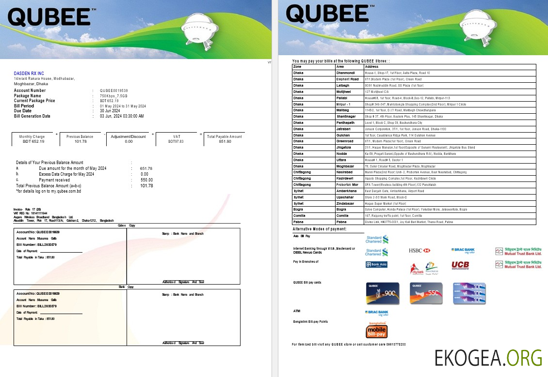 Modèle Word et PDF de facture de services publics d'entreprise PAKISTAN QUBEE